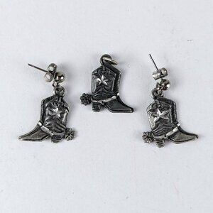 Silver-Tone Cowboy Boot Pendant & Earrings Set